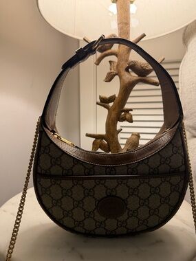 Gucci Brown GG Supreme Crescent Shoulder Bag with Gold Chain